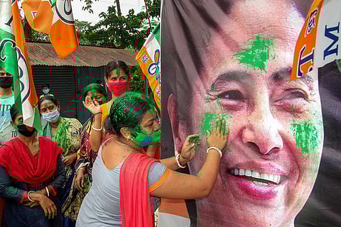 TMC activists celebrate the party's win in the South Dinajpur district in West Bengal. (Representational image | PTI)