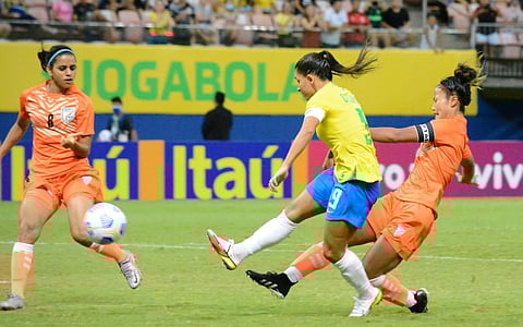 Indian women's football team lost to Brazil 1-6 in the four nation tournament. (Photo | Twitter)