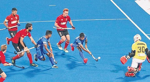 India’s captain Vivek Sagar Prasad scores a goal against Canada at the FIH Hockey Men’s Junior World Cup in Kalinga Stadium, Bhubaneswar on Thursday | Irfana