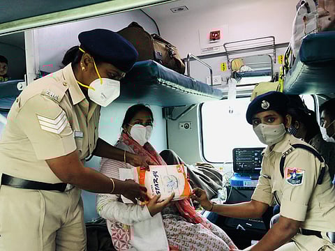 The RPF Shakti Abbakka team arranged medicines for an ailing cancer patient travelling by the Sanghamitra Express recently when it reached Bangarpet railway station. (Photo | Express)