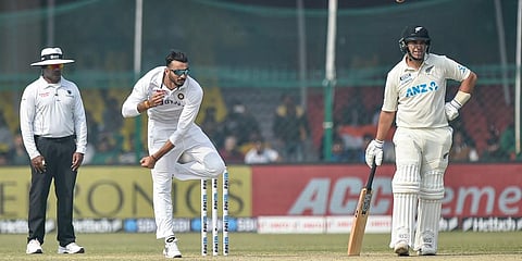 India's Axar Patel bowls during third day of the first Test cricket match between India and New Zealand, at Green Park stadium in Kanpur, Saturday, Nov. 27, 2021. (Photo | PTI)