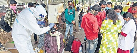 A migrant labourer being tested for Covid-19 at Kempegowda Bus Station in Bengaluru on Friday, Nov 26, 2021. (Photo | Express, Vinod Kumar T)