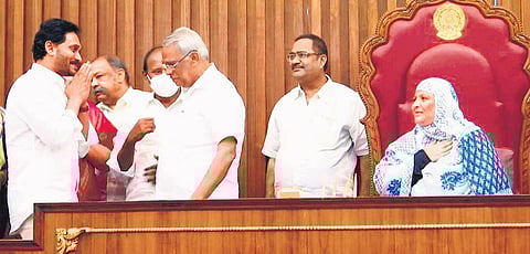 CM YS Jagan Mohan Reddy greets Zakia Khanam, who assumed charge as Deputy Chairperson of Legislative Council on Friday, at Council on Friday | Express