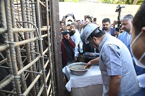 Chief Minister Himanta Biswa Sarma launches the construction of the Majuli-Jorhat bridge over the Brahmaputra. (Photo | EPS)