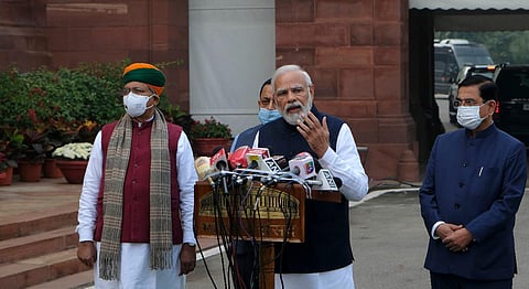 Prime Minister Narendra Modi speaks to media before the commencement of the Winter Session of the Parliament, in New Delhi. (Photo | Shekhar Yadav, EPS)