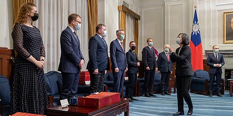 Taiwanese President Tsai Ing-wen, second right, greets lawmakers from Baltic states at the Presidential Office in Taipei, Taiwan on Monday, Nov. 29, 2021. (Photo | AP)