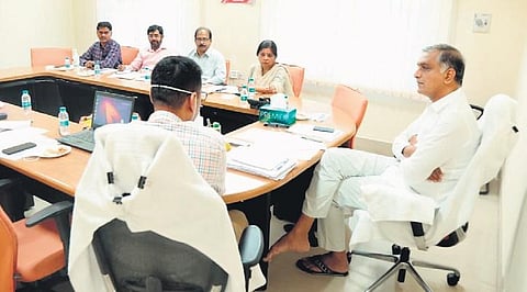 Health Minister Harish Rao holds a review meeting with Health Department officials in Hyderabad on Sunday, Nov 28, 2021.