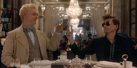 A still from Good Omens season 1 featuring Michael Sheen, left, and David Tennant (Photo | YouTube screengrab)