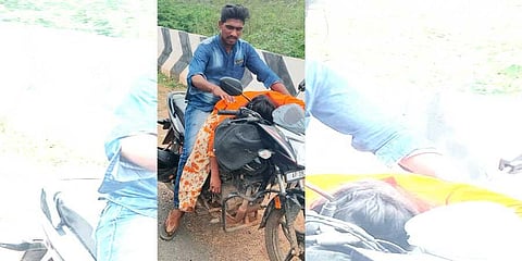 P Venkateswarlu with the body of Aruna on his motorcycle in Kurnool | Express