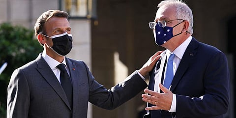 French president Emmanuel Macron (L) and Australia PM Scott Morrison. (File photo| AFP)