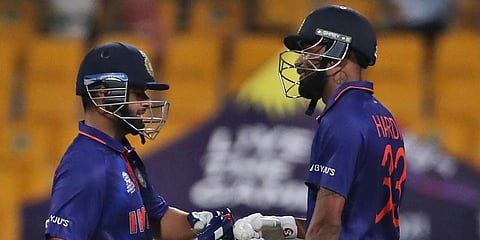 India's Rishabh Pant and Hardik Pandya celebrate scoring runs during the Twenty20 World Cup match against Afghanistan. (Photo | AP)