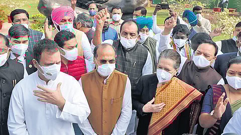 Sonia Gandhi with other Congress leaders in Parliament on Monday. (Photo | Shekhar Yadav/EPS)