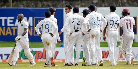 Sri Lanka celebrates the wicket of West Indies batsman Jermaine Blackwood during Day 2 of the 2nd Test match in Galle. (Photo| AP)