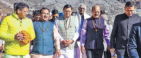 Dhami inspects preparations at Kedarnath on Wednesday ahead of PM’s visit. (Photo | PTI)