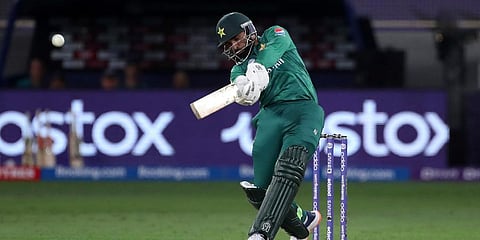 Pakistan's Asif Ali plays a shot during the Cricket Twenty20 World Cup match between Pakistan and Afghanistan in Dubai, UAE, Friday, Oct. 29, 2021. (Photo | AP)