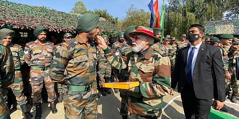 Prime Minister Narendra Modi celebrates Diwali with soldiers of the Nowshera Sector of Jammu & Kashmir's Rajouri District. (Photo | Twitter, PIB India)