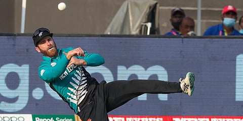 New Zealand captain Kane Williamson throws the ball during the Twenty20 World Cup match against Namibia. (Photo | AP)
