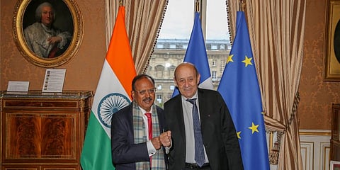 Ajit Doval, National Security Advisor of India with the French Minister of Foreign Affairs Jean-Yves Le Drian (Photo | Twitter, Indian embassy in Paris)