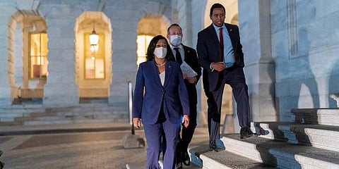From left, Rep. Pramila Jayapal, D-Wash., chair of the Congressional Progressive Caucus, Rep. Josh Gottheimer, D-N.J., and Rep. Joe Neguse, D-Colo., outside the US capitol, Nov 5, 2021. (Photo | AP)