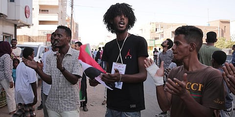People chant slogans during a protest in Khartoum, amid ongoing demonstrations against a military takeover in Khartoum, Sudan. (Photo | AP)