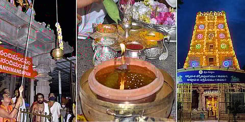 The Srisailam temple decked up on the first day of Karthika Masam festivities, on Friday | EPS