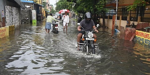 The flooded road at Velachery, Chennai on Sunday morning after heavy rains. (Photo | Ashwin Prasath, EPS)