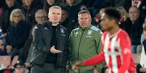 Aston Villa's head coach Dean Smith, left, reacts during the Premier League soccer match between Southampton and Aston Villa at the Saint Mary's Stadium in Southampton, Nov. 5, 2021. (Photo | AP)