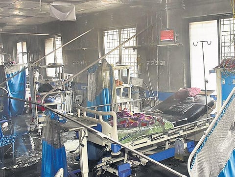 Charred remains at the Ahmednagar civil hospital on Saturday. (Photo | PTI)