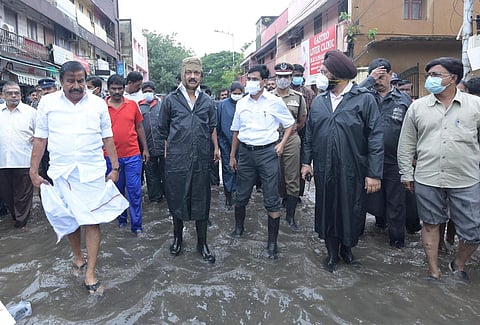 Chief Minister MK Stalin, accompanied by his cabinet colleagues and officials, visit flood-hit areas in Chennai (Photo I Twitter)