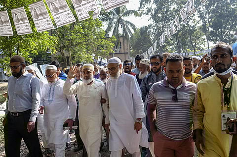 Ruling Awami League party candidate Nesar Ullah, third left, campaigns with his supporters in Srinagar, Munshiganj district, Bangladesh, Friday, Nov. 5, 2021. (Photo | AP)