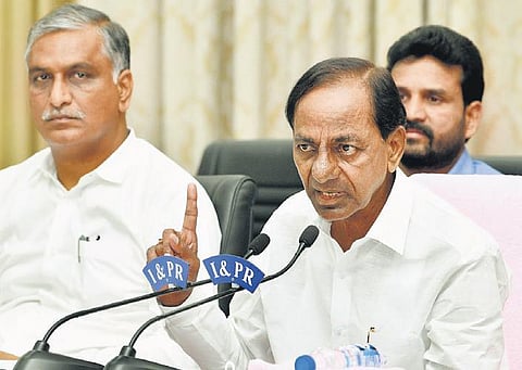 Chief Minister K Chandrasekhar, accompanied by Finance Minister Harish Rao, addresses mediapersons at Pragathi Bhavan in Hyderabad on Sunday. (Photo | Express)