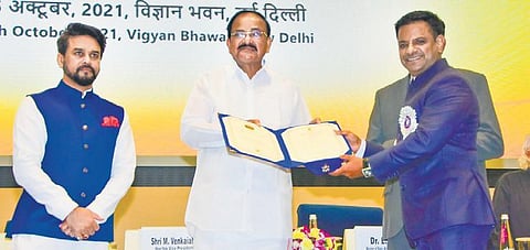 Vice President of India M Venkaiah Naidu presenting Syed Sultan Ahmed (extreme right) with the award recently.