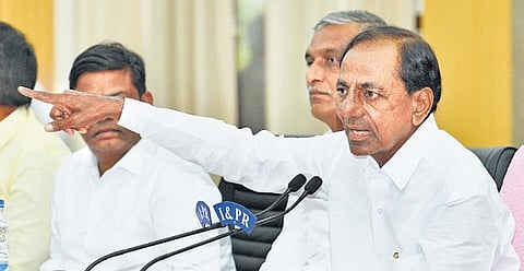 CM K Chandrasekhar Rao addresses the media at Pragathi Bhavan on Monday