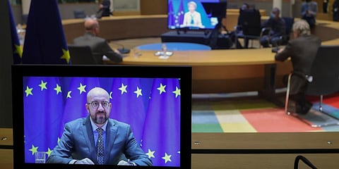 European Council President Charles Michel gives a speech via a video conference during a special session of World Health Assembly at the European Council building in Brussels. (Photo | AP)