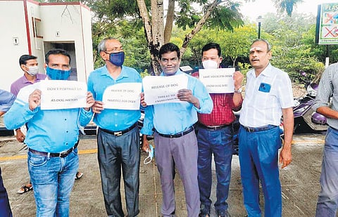 IIT Madras staff and faculty members hold placards and protest against the release of dogs from the enclosure | Express