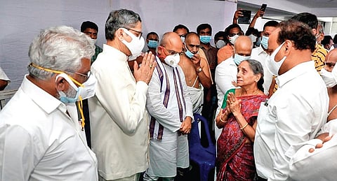 Chief Justice of India N V Ramana condoles the family members of P Seshadri at the latter’s residence in Tirupati on Tuesday | Madhav K