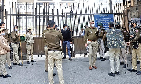 Security personnel outside Rohini district court complex after a crude bomb exploded in the premises on Thursday. (Photo| Express)