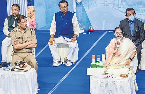 Bengal CM Mamata Banerjee at the review meeting in Nadia district on Thursday (Photo | PTI)