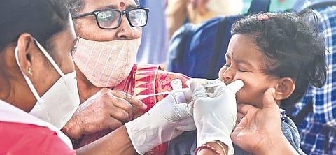 Health workers collect swab samples of a child at KSRTC bus stand in Bengaluru. The city saw 211 fresh Covid-19 cases on Thursday, Dec 9, 2021. (Photo | EPS, Shriram B N)