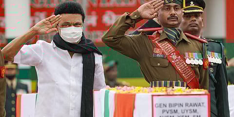 Tamil Nadu Chief Minister MK Stalin pays tribute to Chief of Defence Staff General Bipin Rawat and others who died in the Coonoor chopper crash, at Madras Regimental Centre in Nilgiris district. (PTI)