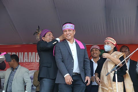 TMC leader and former CM Mukul Sangma welcoming a defector (Photo | Special arrangement)