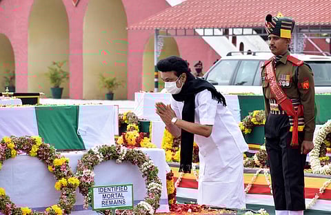 CM MK Stalin paying homage to the 13 who died in the helicopter crash, at the Military Regimental Centre in coonoor on Thursday, Dec 9, 2021. (Photo | U Rakesh Kumar, EPS)