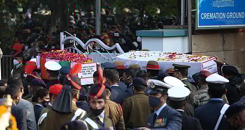 Funeral procession of late CDS General Bipin Rawat and his wife at Brar Square crematorium in New Delhi on Thursday. (Photo | EPS/Shekhar Yadav)