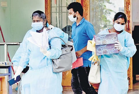 Health workers inside the hostel premises at Anna University as several students tested positive for Covid-19 on Thursday, Dec 10, 2021. (Photo | EPS, Ashwin Prasath)