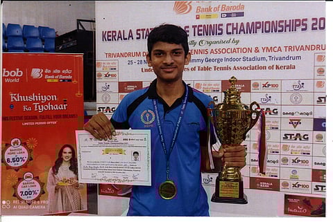 Anokh G Nair after winning the U-17 gold medal at the Kerala State Table Tennis Championship 2021