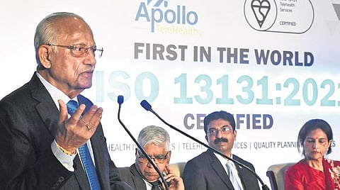 Prathap C Reddy, Founder-Chairman of Apollo Hospitals addresses the media in Hyderabad on Dec 10, after the group’s TeleHealth initiative is awarded the ISO 13131:202 certification
