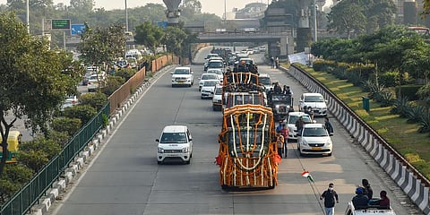 A hearse van carries the mortal remains of late CoDS General Bipin Rawat and his wife Madhulika in Delhi cantonment. (Photo| PTI)