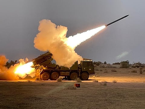 The extended range Pinaka rocket system being test-fired from the Pokhran range (Photo | Special arrangement)