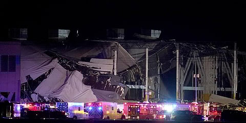 An Amazon distribution center is heavily damaged after a strong thunderstorm moved through the area in Edwardsville. (Photo| AP)