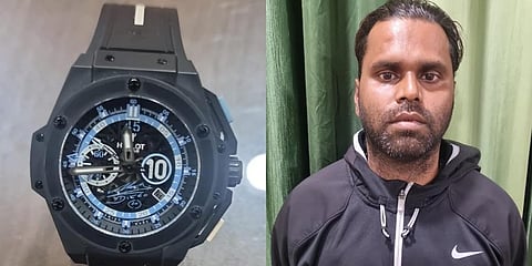 The stolen watch (L) and the accused Wazid Hussein (R) (Photo | Himanta Biswa Sarma Official Twitter)